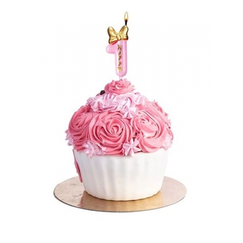 Świeczka na tort cyfra 1 różowa z kokardką